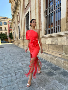 Sexy Elegant Red Fringe Dress with Floral applique from The King Kouture