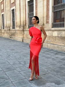 Sexy Elegant Red Fringe Dress with Floral applique from The King Kouture