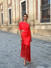 Load image into Gallery viewer, Sexy Elegant Red Fringe Dress with Floral applique from The King Kouture
