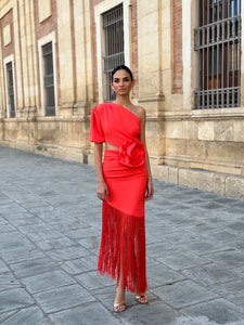 Sexy Elegant Red Fringe Dress with Floral applique from The King Kouture