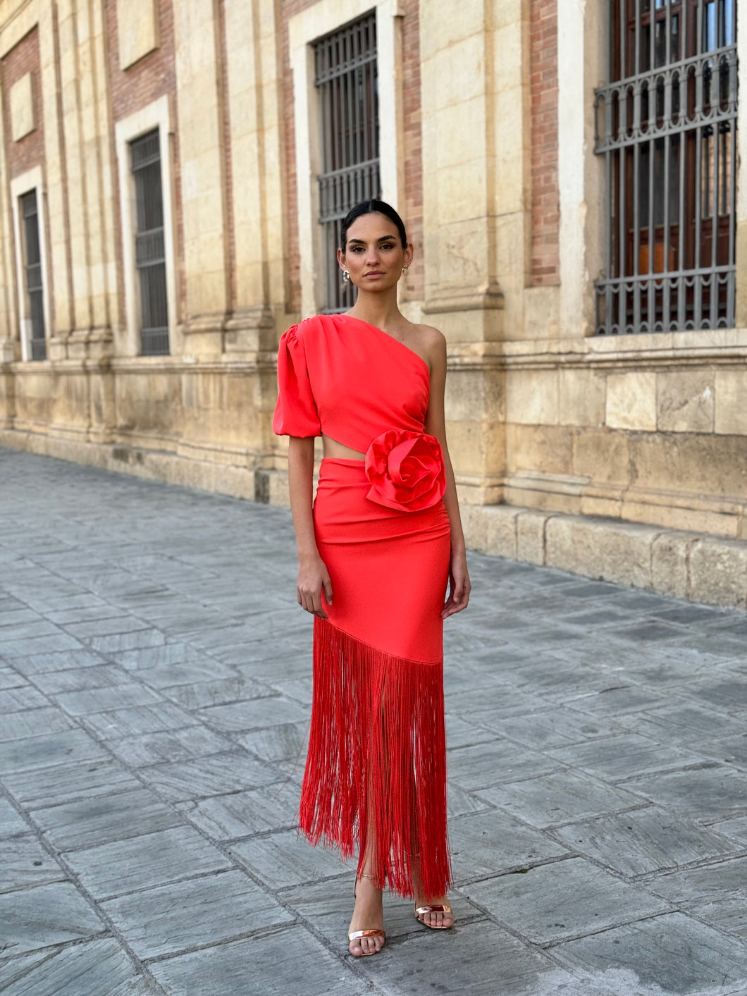 Sexy Elegant Red Fringe Dress with Floral applique from The King Kouture