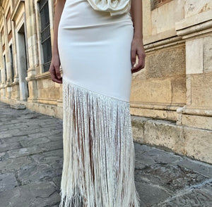 Stunning Elegant 1 Shoulder Cut Out Dress with Long Fringe X-Large White (Ivory)